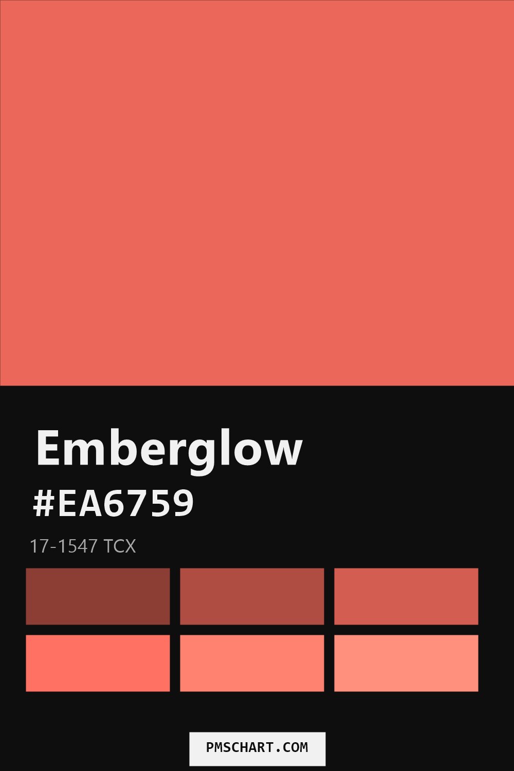 Pantone Emberglow 17-1547 TCX color reference card (HEX #EA6759) with six nearest Pantone matches