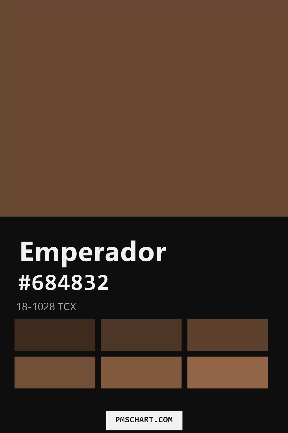 Pantone Emperador 18-1028 TCX color reference card (HEX #684832) with six nearest Pantone matches