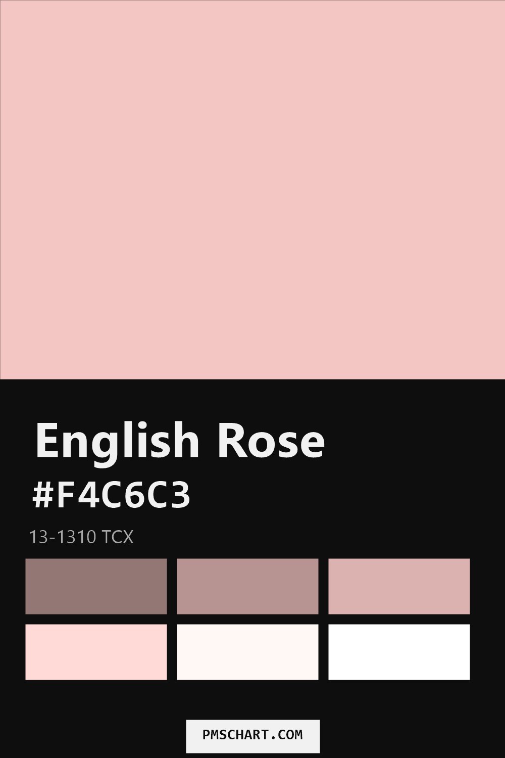 Pantone English Rose 13-1310 TCX color reference card (HEX #F4C6C3) with six nearest Pantone matches