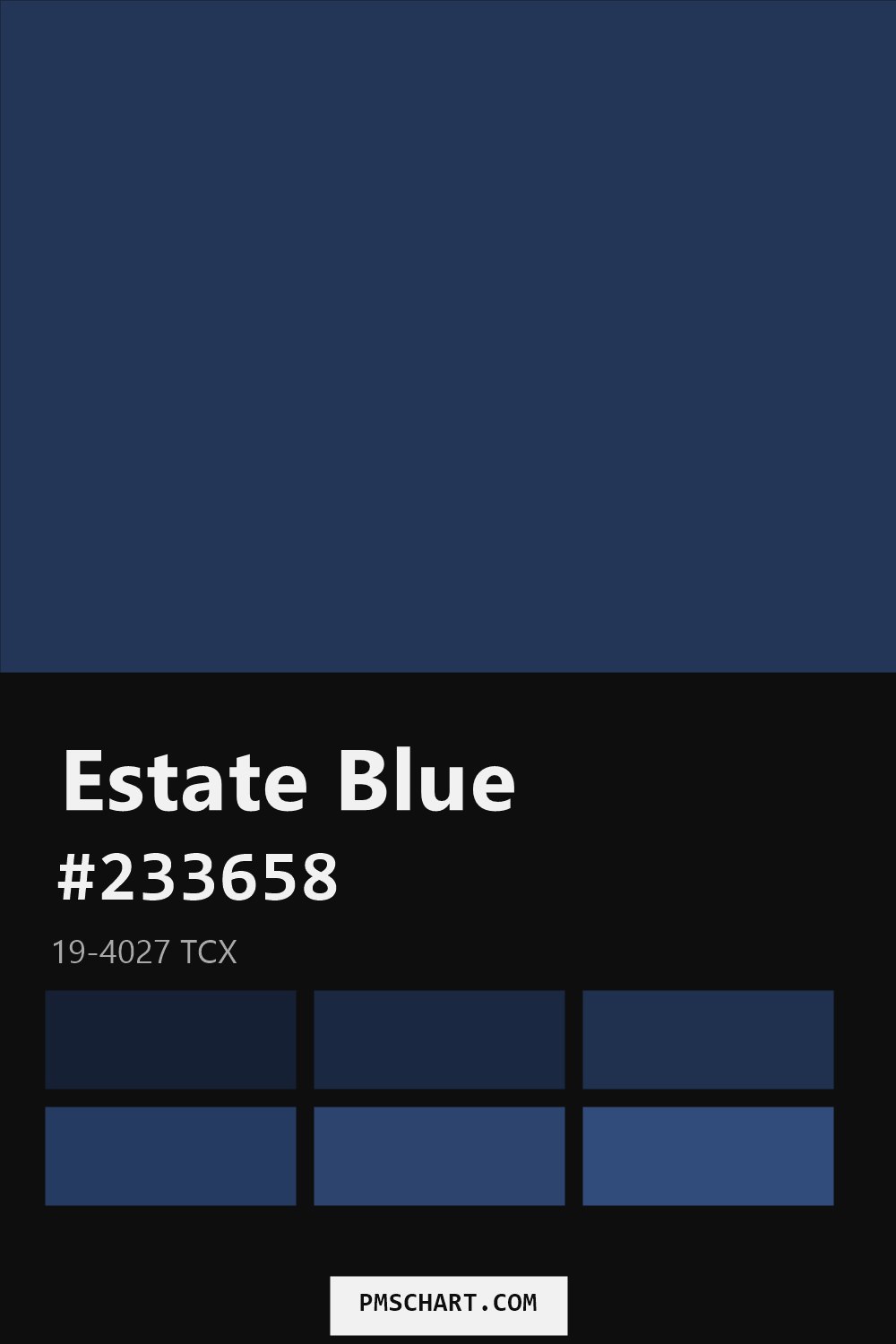 Pantone Estate Blue 19-4027 TCX color reference card (HEX #233658) with six nearest Pantone matches