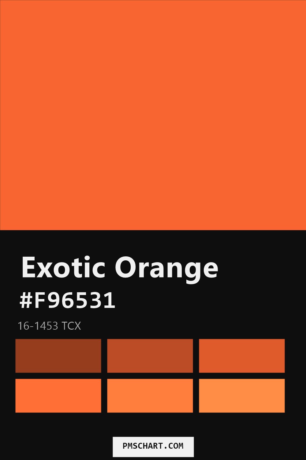 Pantone Exotic Orange 16-1453 TCX color reference card (HEX #F96531) with six nearest Pantone matches