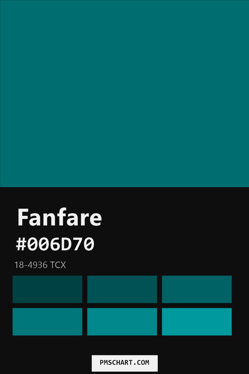 Pantone Fanfare 18-4936 TCX color reference card (HEX #006D70) with six nearest Pantone matches