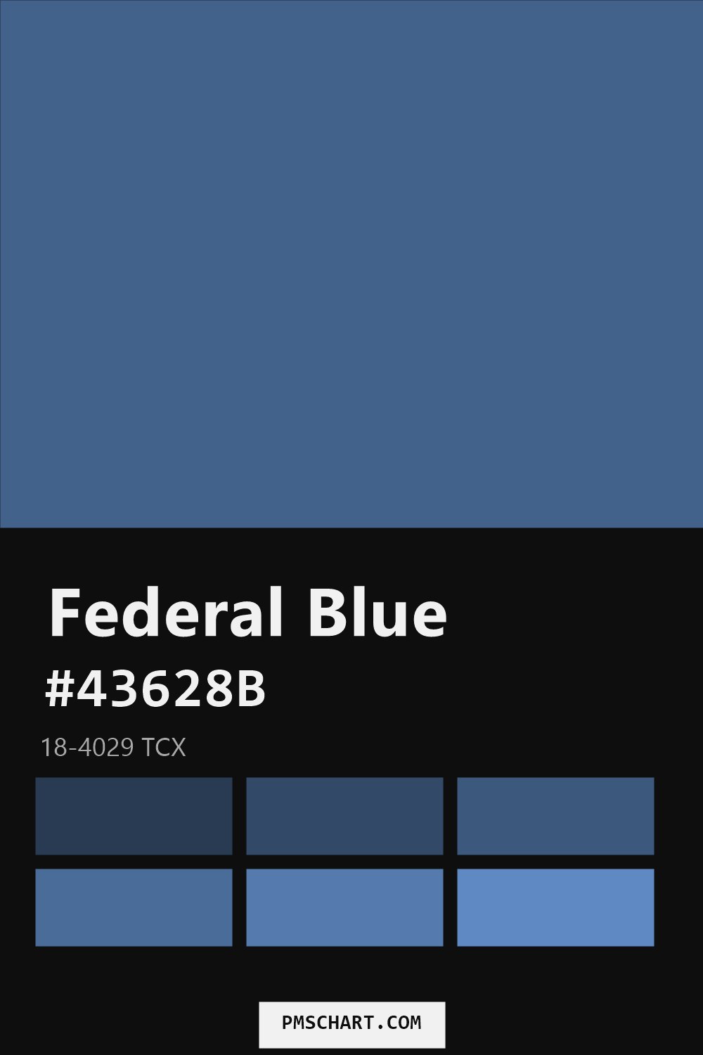 Pantone Federal Blue 18-4029 TCX color reference card (HEX #43628B) with six nearest Pantone matches