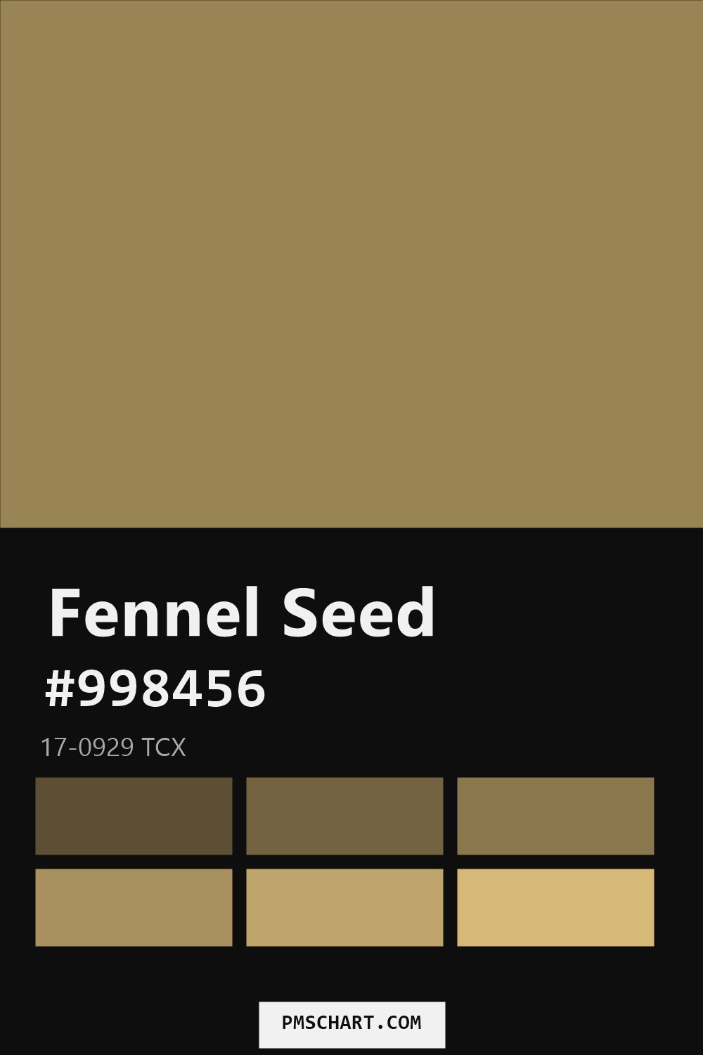 Pantone Fennel Seed 17-0929 TCX color reference card (HEX #998456) with six nearest Pantone matches