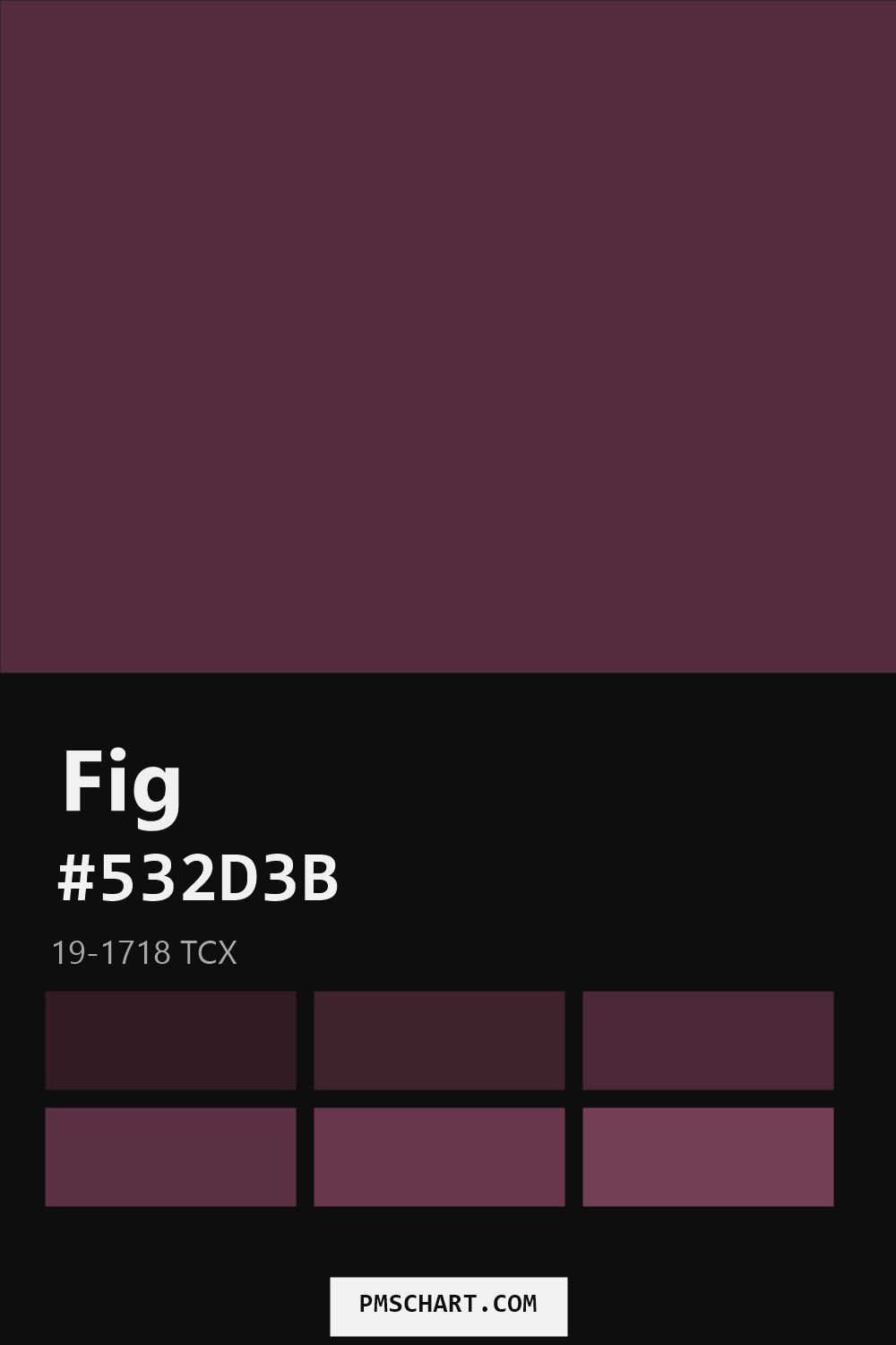 Pantone Fig 19-1718 TCX color reference card (HEX #532D3B) with six nearest Pantone matches