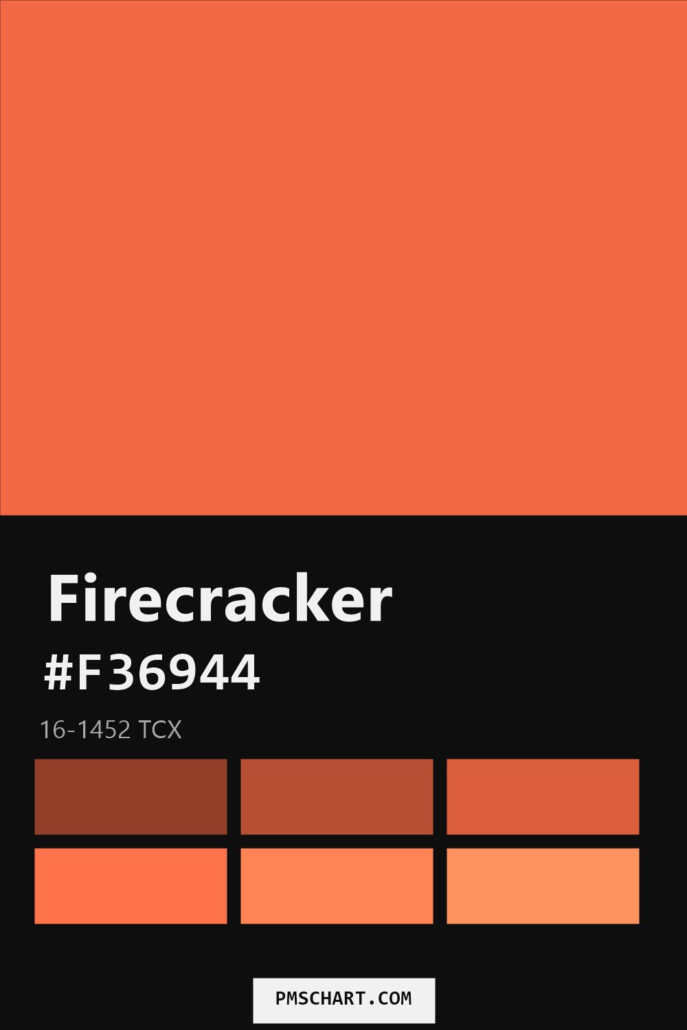 Pantone Firecracker 16-1452 TCX color reference card (HEX #F36944) with six nearest Pantone matches