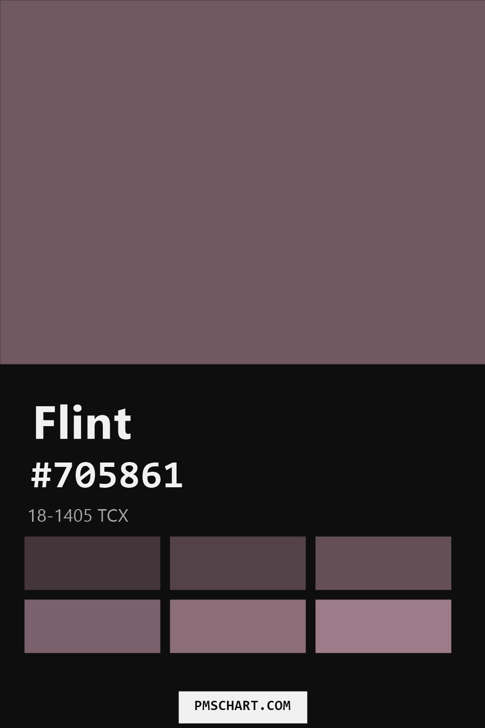 Pantone Flint 18-1405 TCX color reference card (HEX #705861) with six nearest Pantone matches