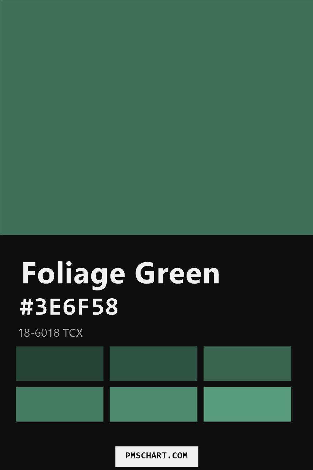 Pantone Foliage Green 18-6018 TCX color reference card (HEX #3E6F58) with six nearest Pantone matches