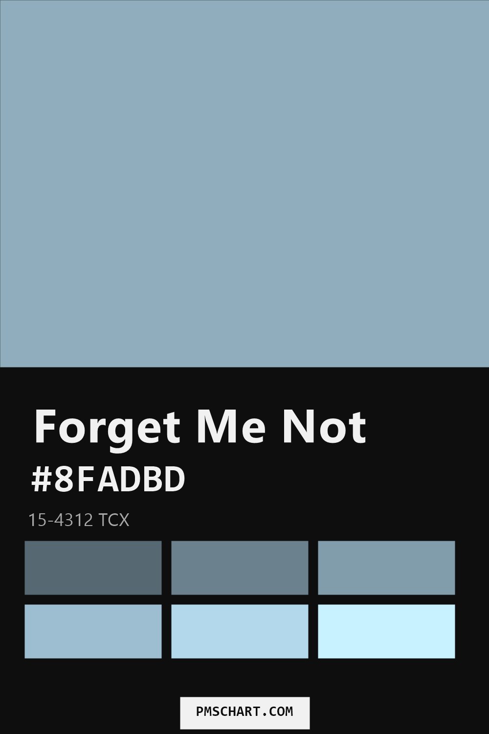 Pantone Forget Me Not 15-4312 TCX color reference card (HEX #8FADBD) with six nearest Pantone matches