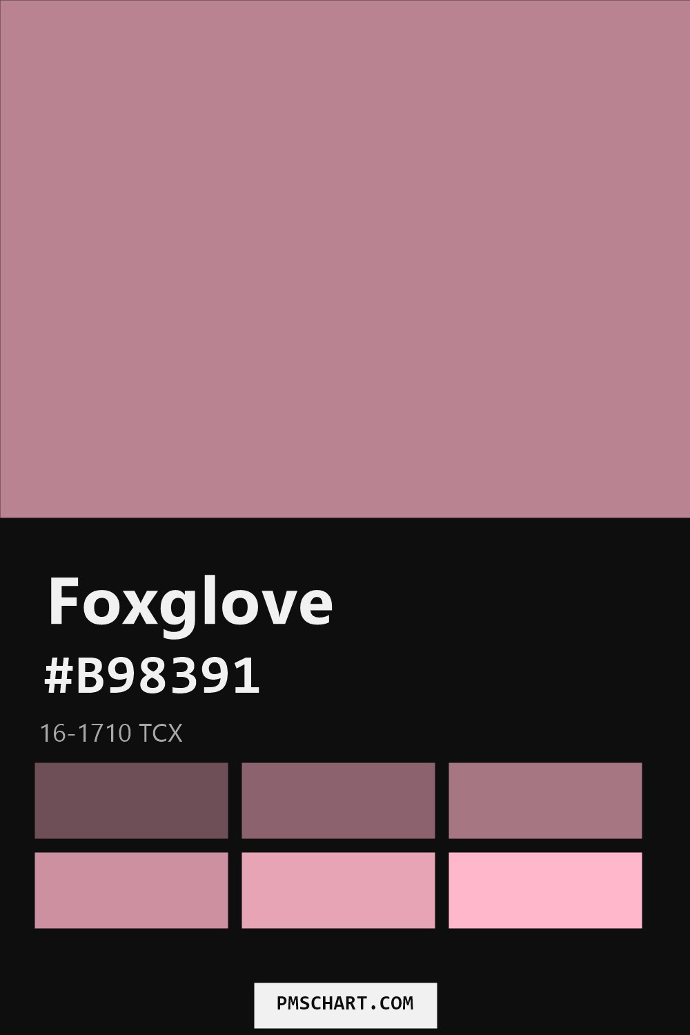 Pantone Foxglove 16-1710 TCX color reference card (HEX #B98391) with six nearest Pantone matches