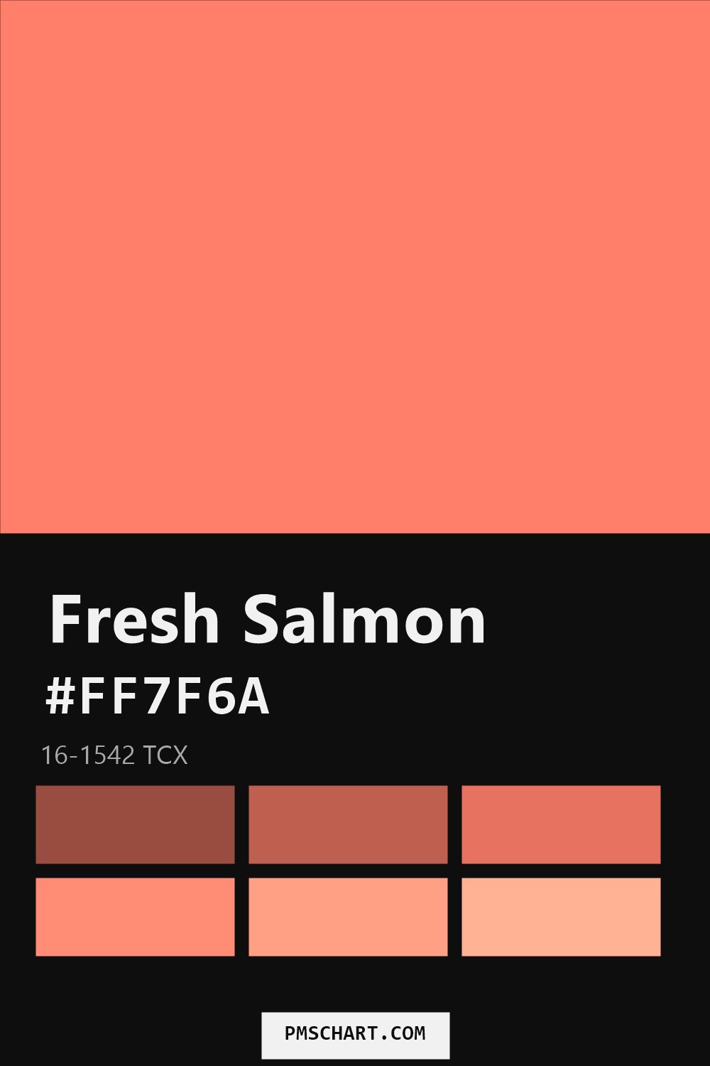 Pantone Fresh Salmon 16-1542 TCX color reference card (HEX #FF7F6A) with six nearest Pantone matches