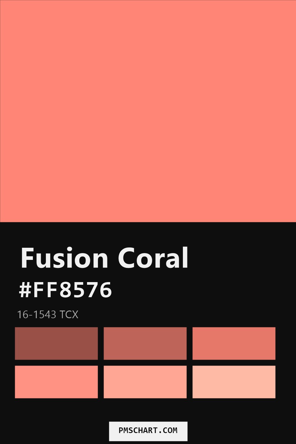 Pantone Fusion Coral 16-1543 TCX color reference card (HEX #FF8576) with six nearest Pantone matches