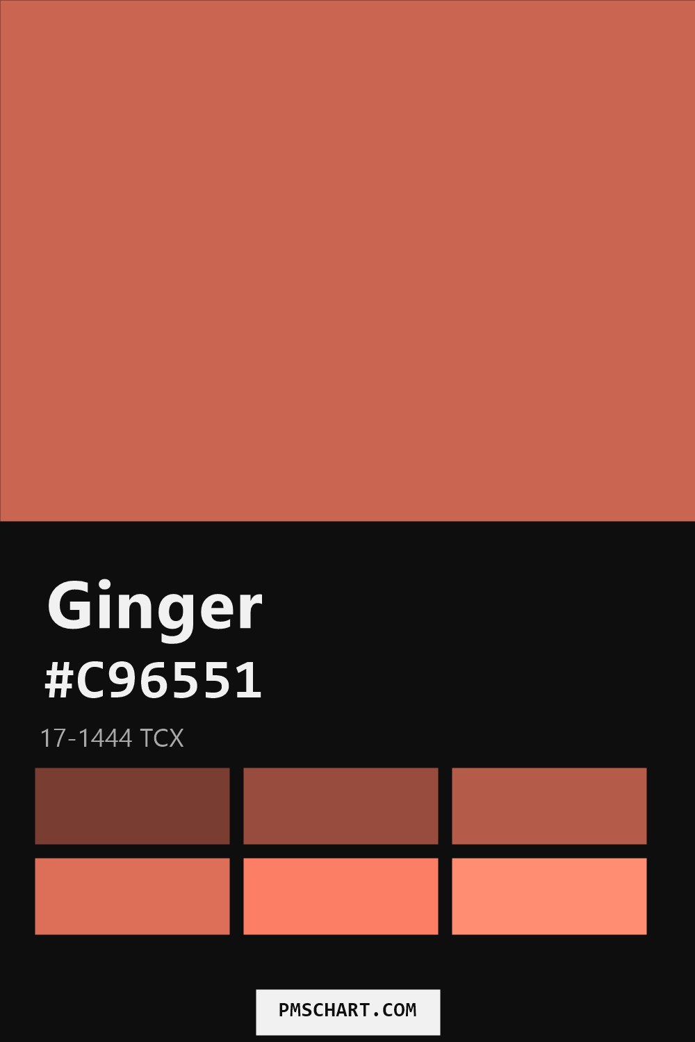 Pantone Ginger 17-1444 TCX color reference card (HEX #C96551) with six nearest Pantone matches