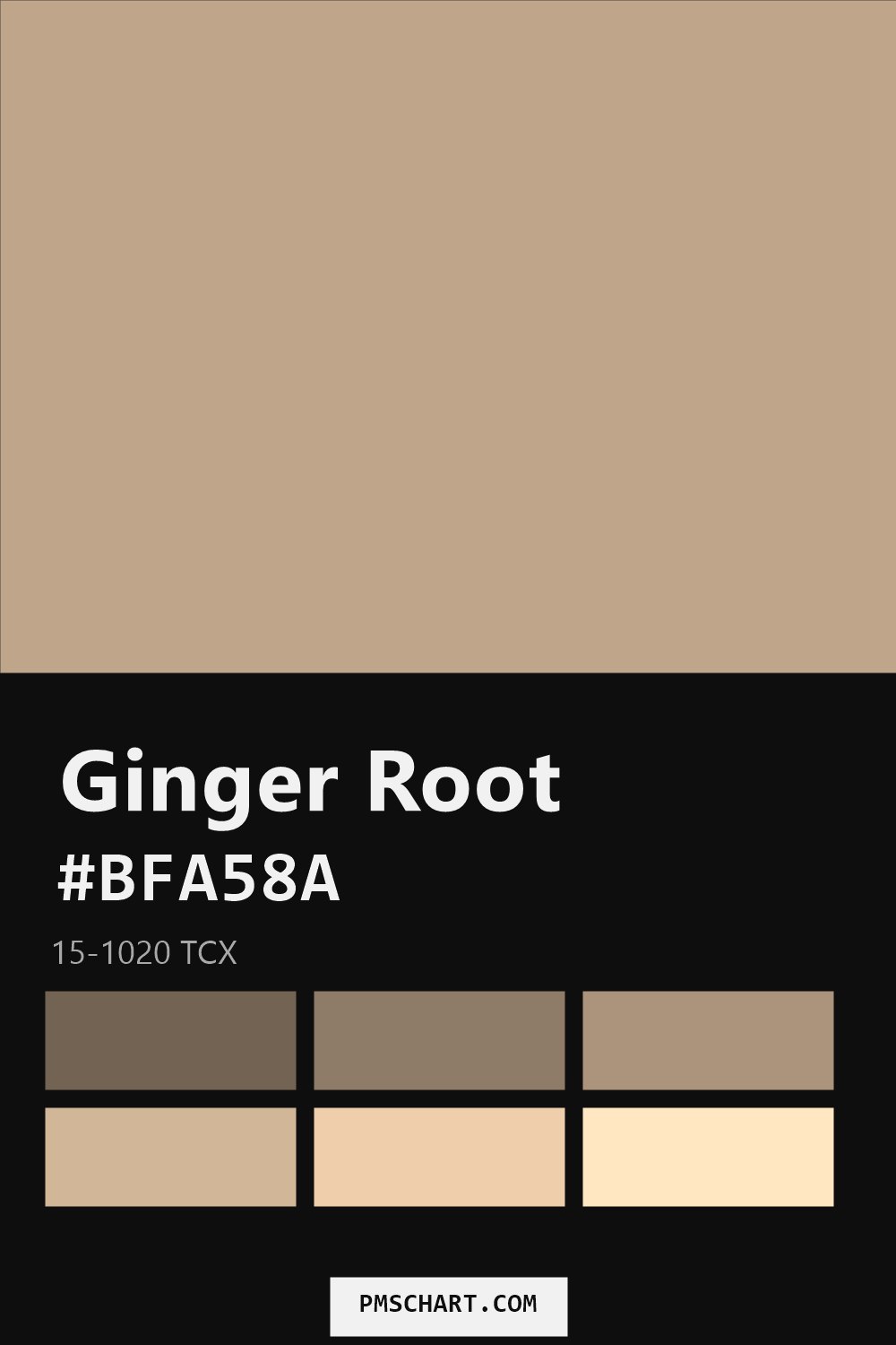 Pantone Ginger Root 15-1020 TCX color reference card (HEX #BFA58A) with six nearest Pantone matches