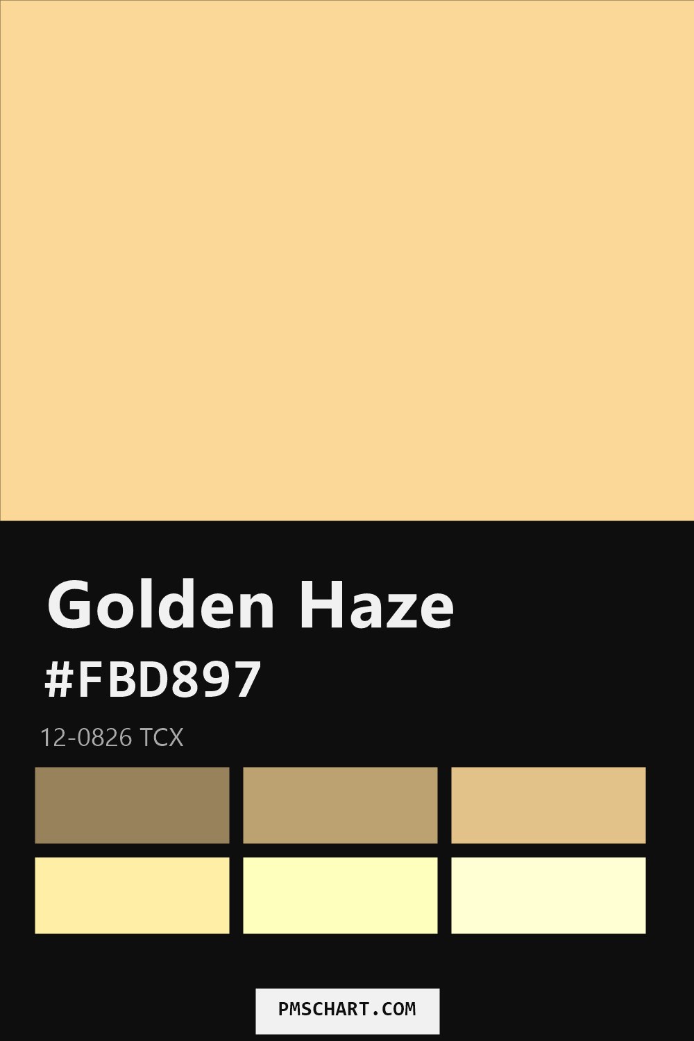 Pantone Golden Haze 12-0826 TCX color reference card (HEX #FBD897) with six nearest Pantone matches