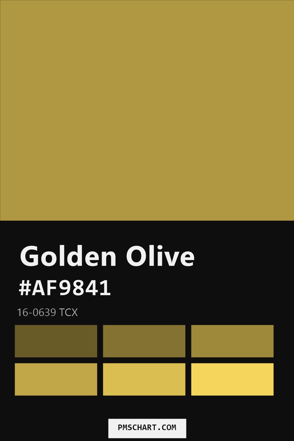 Pantone Golden Olive 16-0639 TCX color reference card (HEX #AF9841) with six nearest Pantone matches