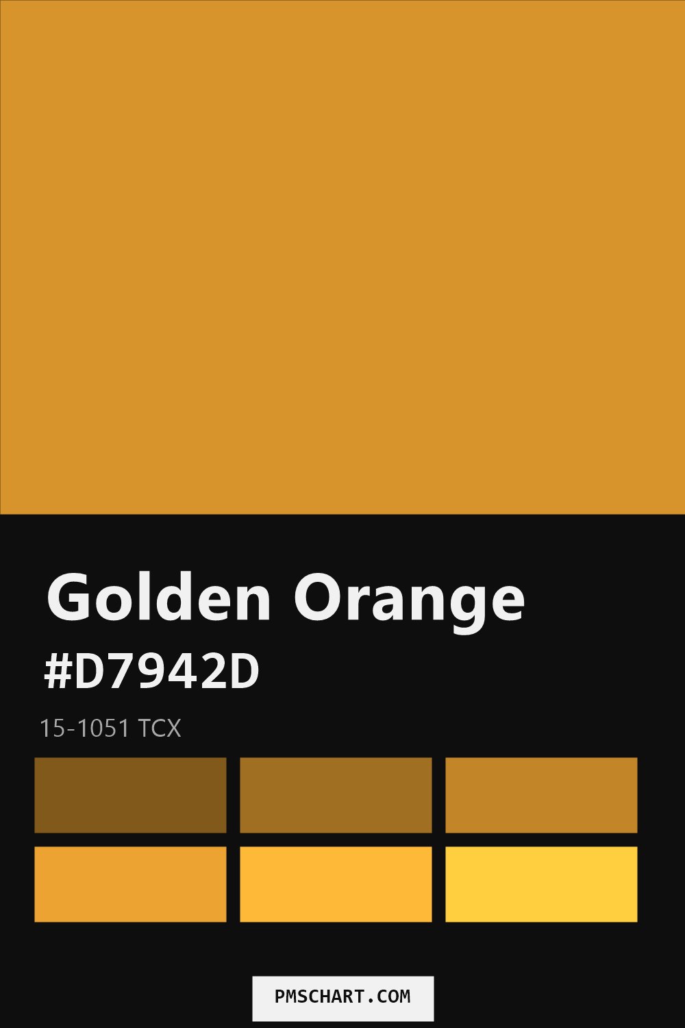 Pantone Golden Orange 15-1051 TCX color reference card (HEX #D7942D) with six nearest Pantone matches