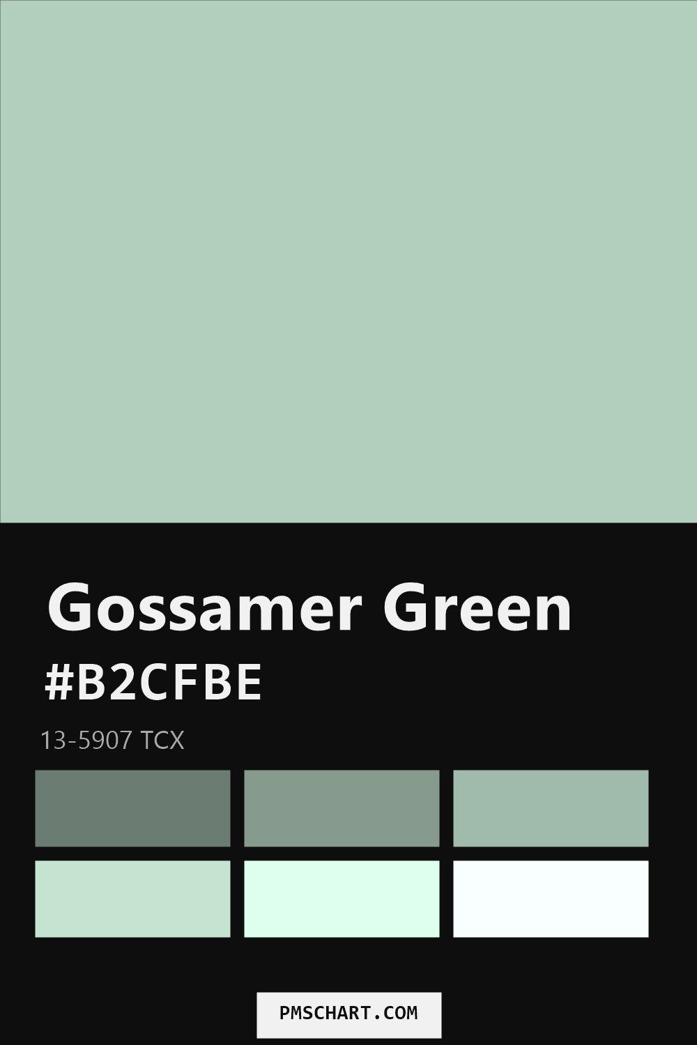 Pantone Gossamer Green 13-5907 TCX color reference card (HEX #B2CFBE) with six nearest Pantone matches