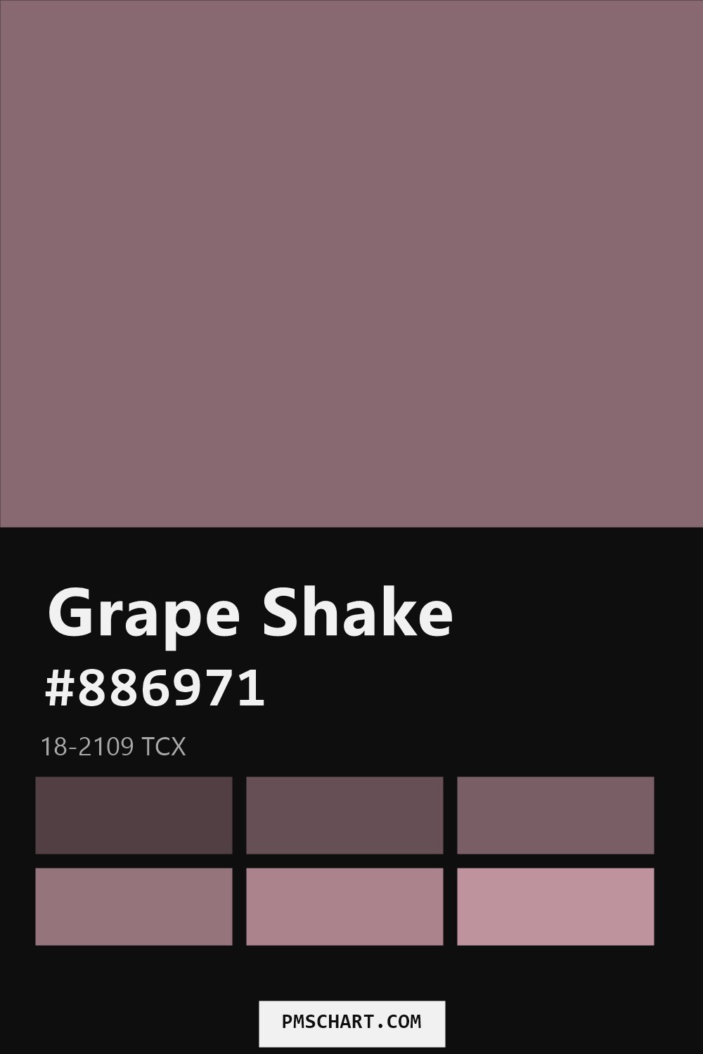 Pantone Grape Shake 18-2109 TCX color reference card (HEX #886971) with six nearest Pantone matches
