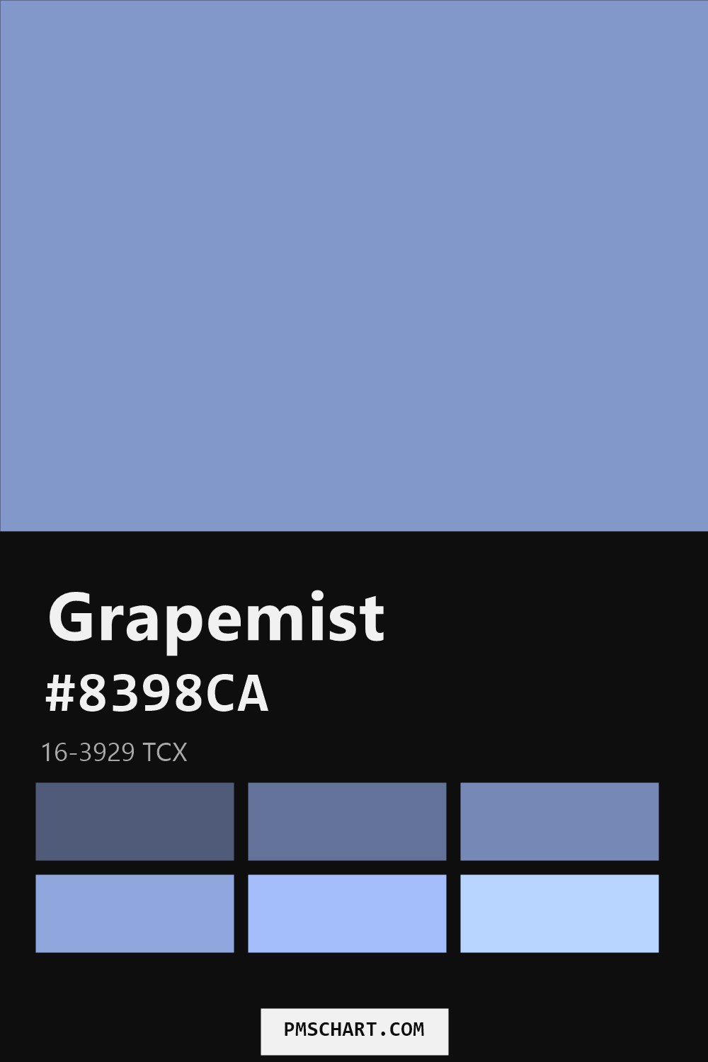 Pantone Grapemist 16-3929 TCX color reference card (HEX #8398CA) with six nearest Pantone matches