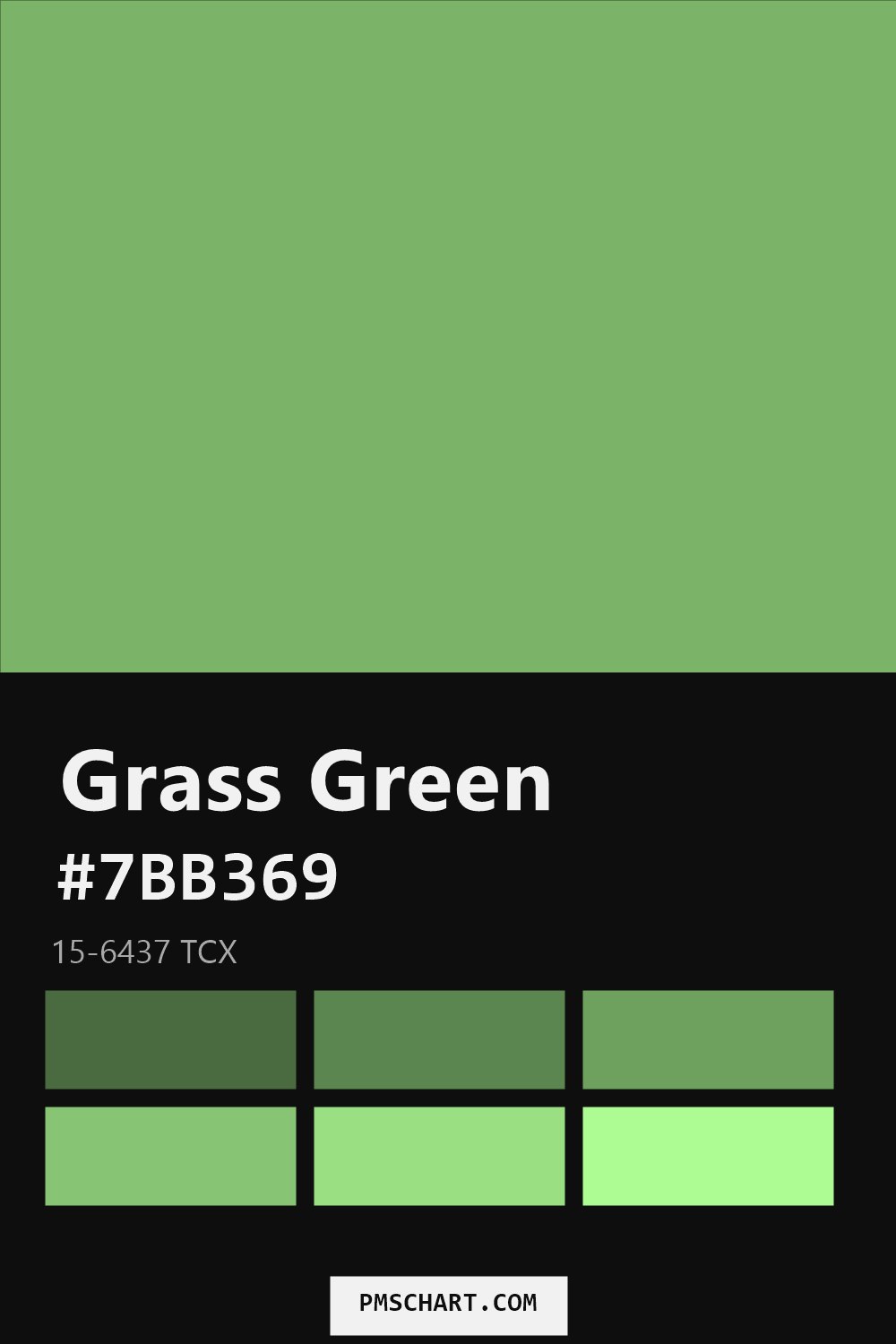 Pantone Grass Green 15-6437 TCX color reference card (HEX #7BB369) with six nearest Pantone matches