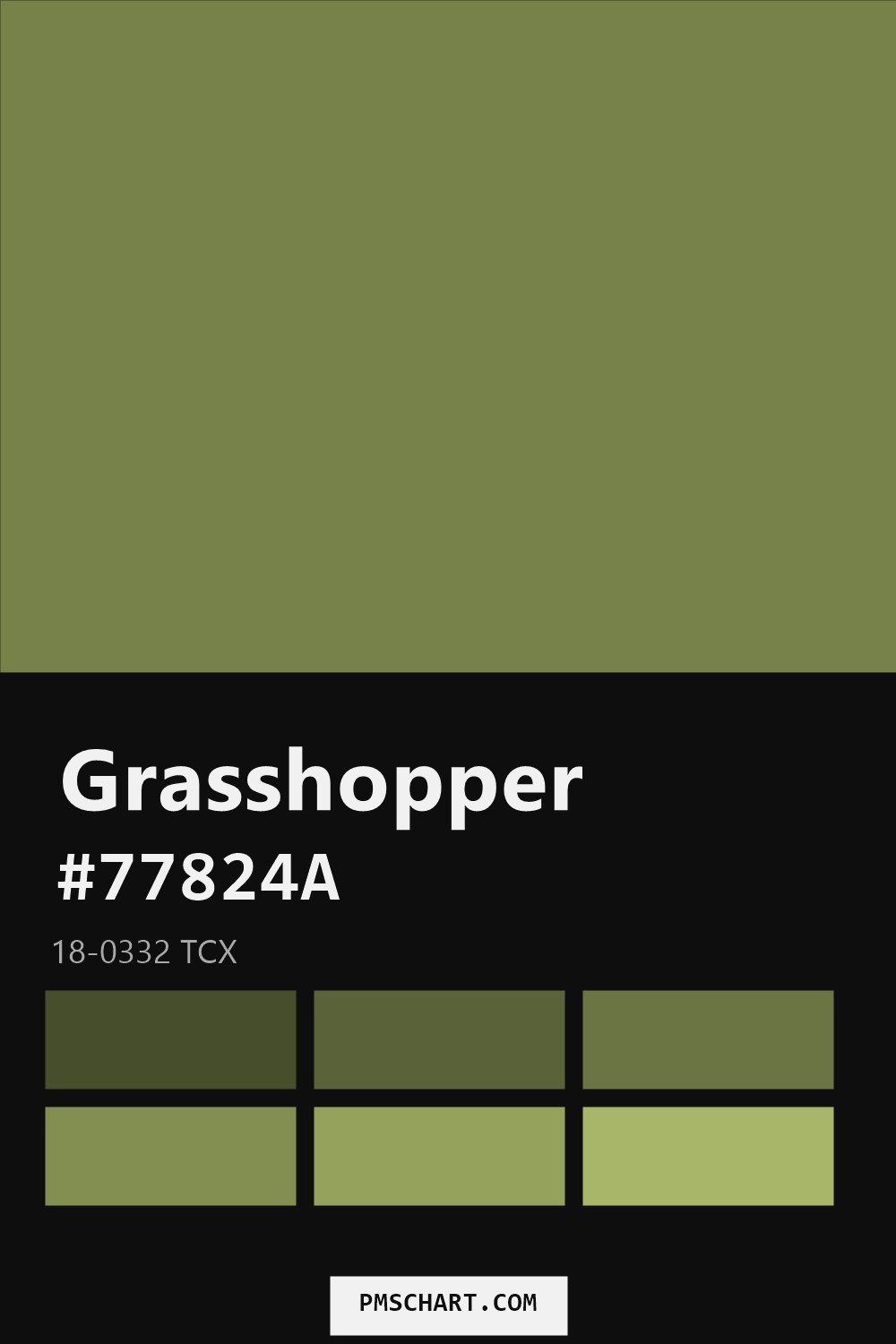 Pantone Grasshopper 18-0332 TCX color reference card (HEX #77824A) with six nearest Pantone matches