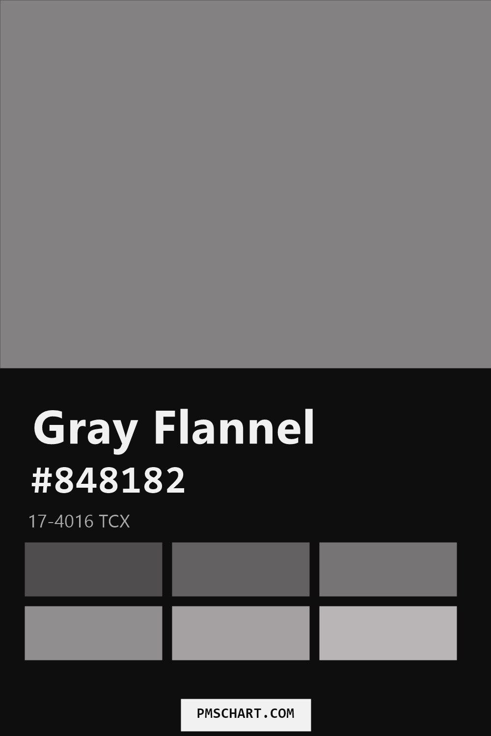 Pantone Gray Flannel 17-4016 TCX color reference card (HEX #848182) with six nearest Pantone matches