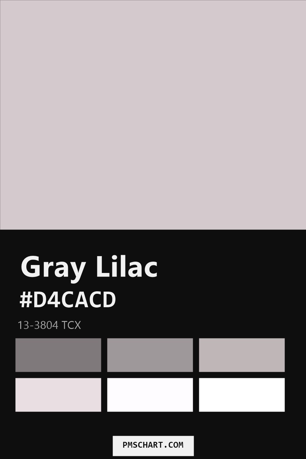 Pantone Gray Lilac 13-3804 TCX color reference card (HEX #D4CACD) with six nearest Pantone matches