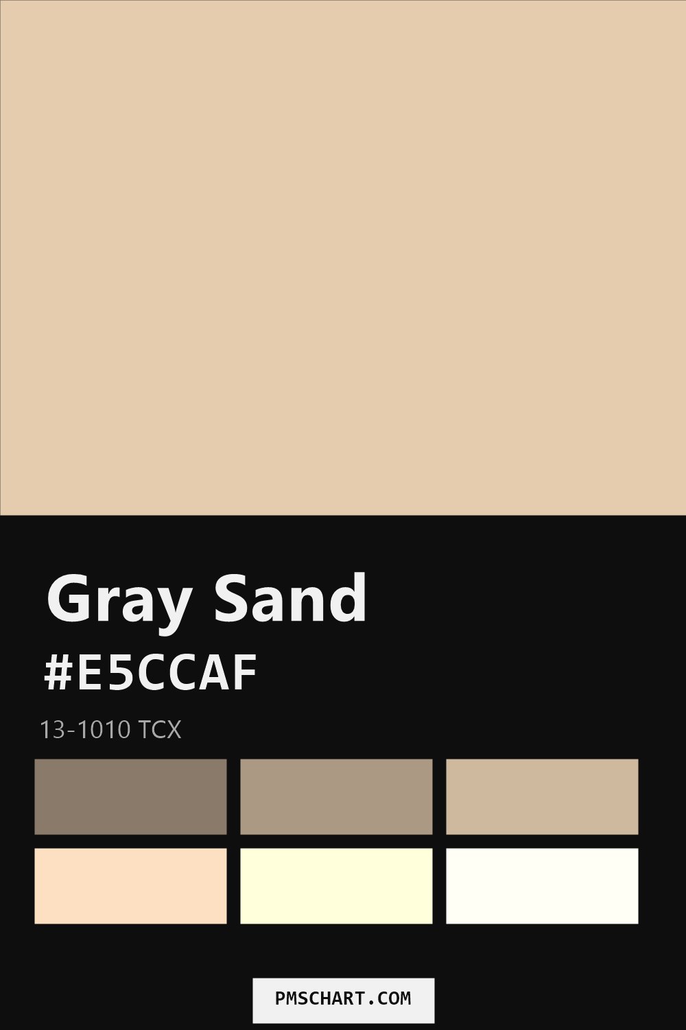 Pantone Gray Sand 13-1010 TCX color reference card (HEX #E5CCAF) with six nearest Pantone matches