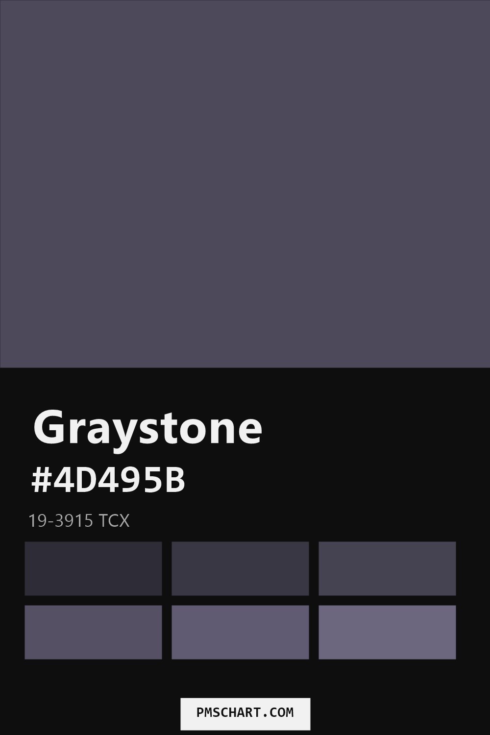 Pantone Graystone 19-3915 TCX color reference card (HEX #4D495B) with six nearest Pantone matches
