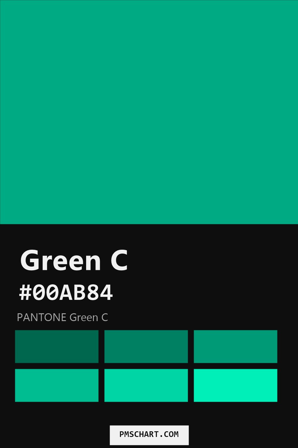 Pantone Green C color reference card (HEX #00AB84) with six nearest Pantone matches