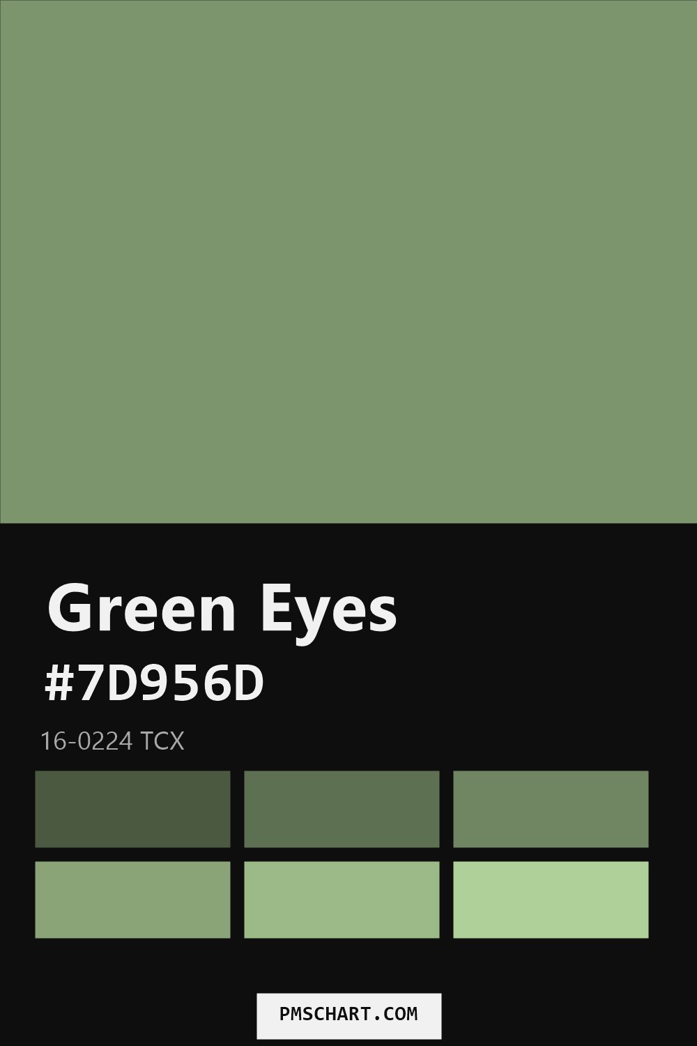 Pantone Green Eyes 16-0224 TCX color reference card (HEX #7D956D) with six nearest Pantone matches