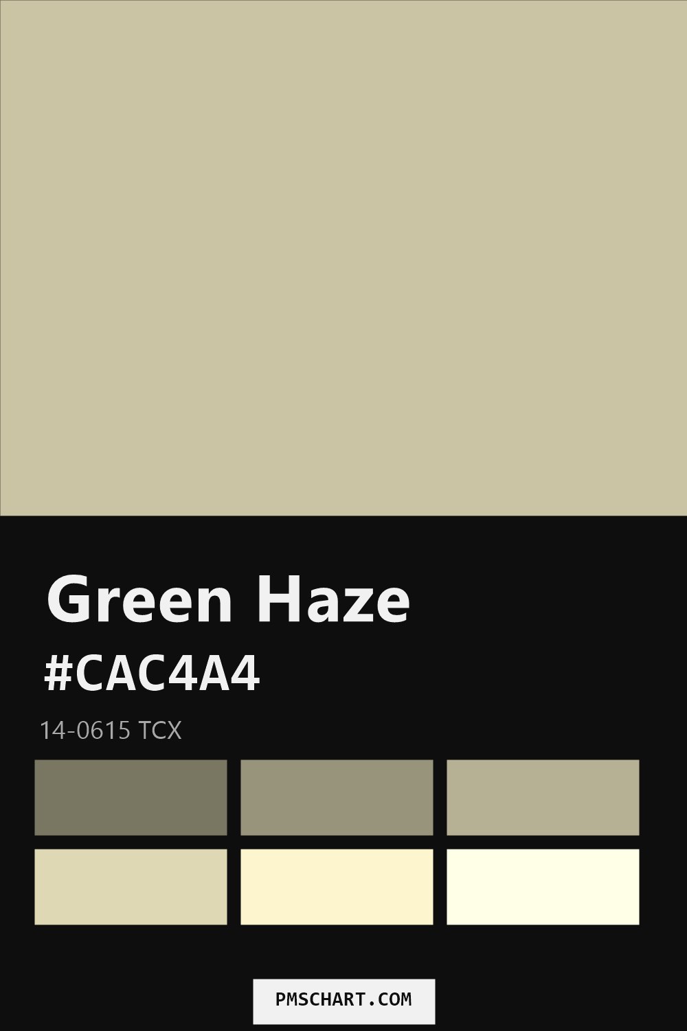 Pantone Green Haze 14-0615 TCX color reference card (HEX #CAC4A4) with six nearest Pantone matches