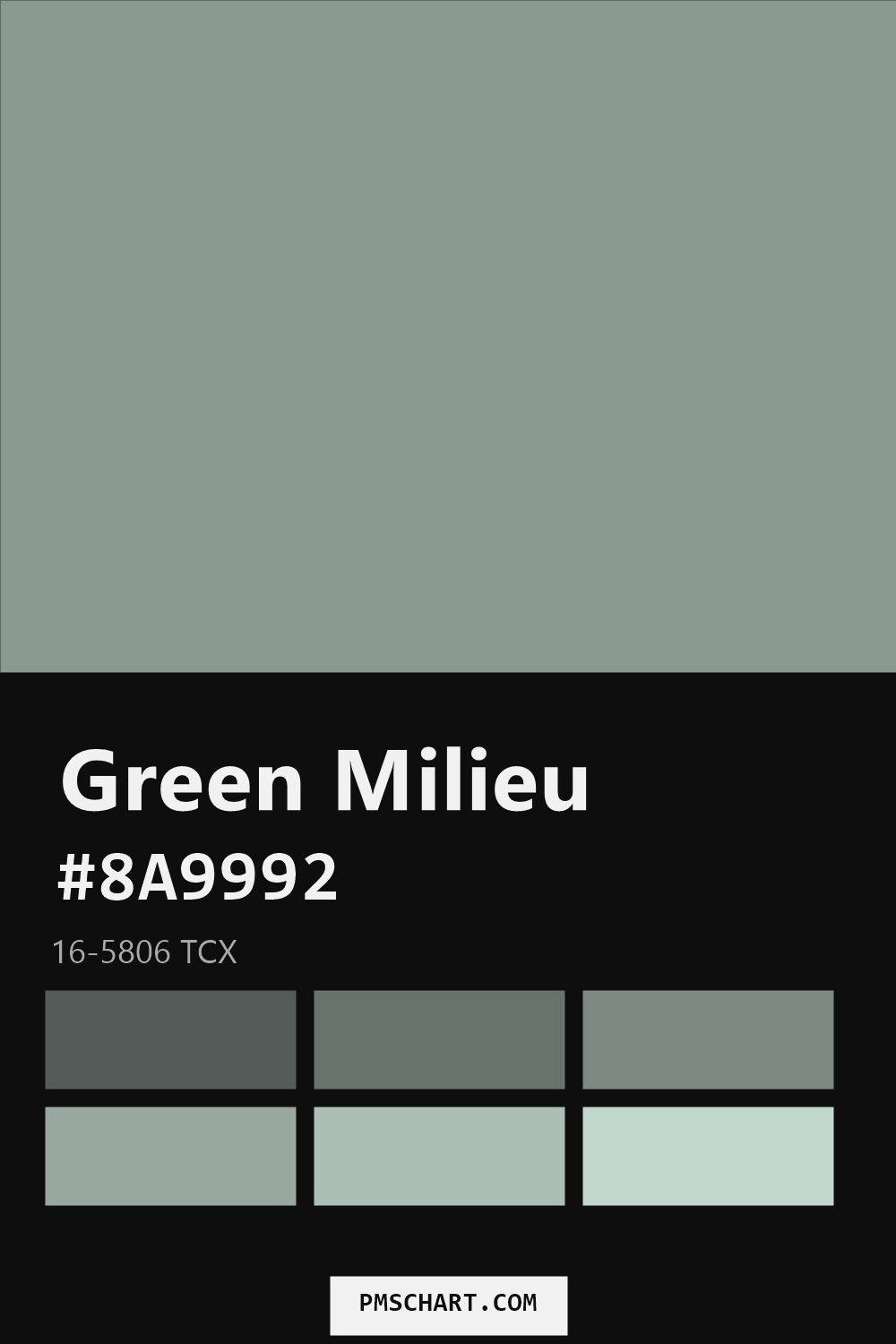 Pantone Green Milieu 16-5806 TCX color reference card (HEX #8A9992) with six nearest Pantone matches
