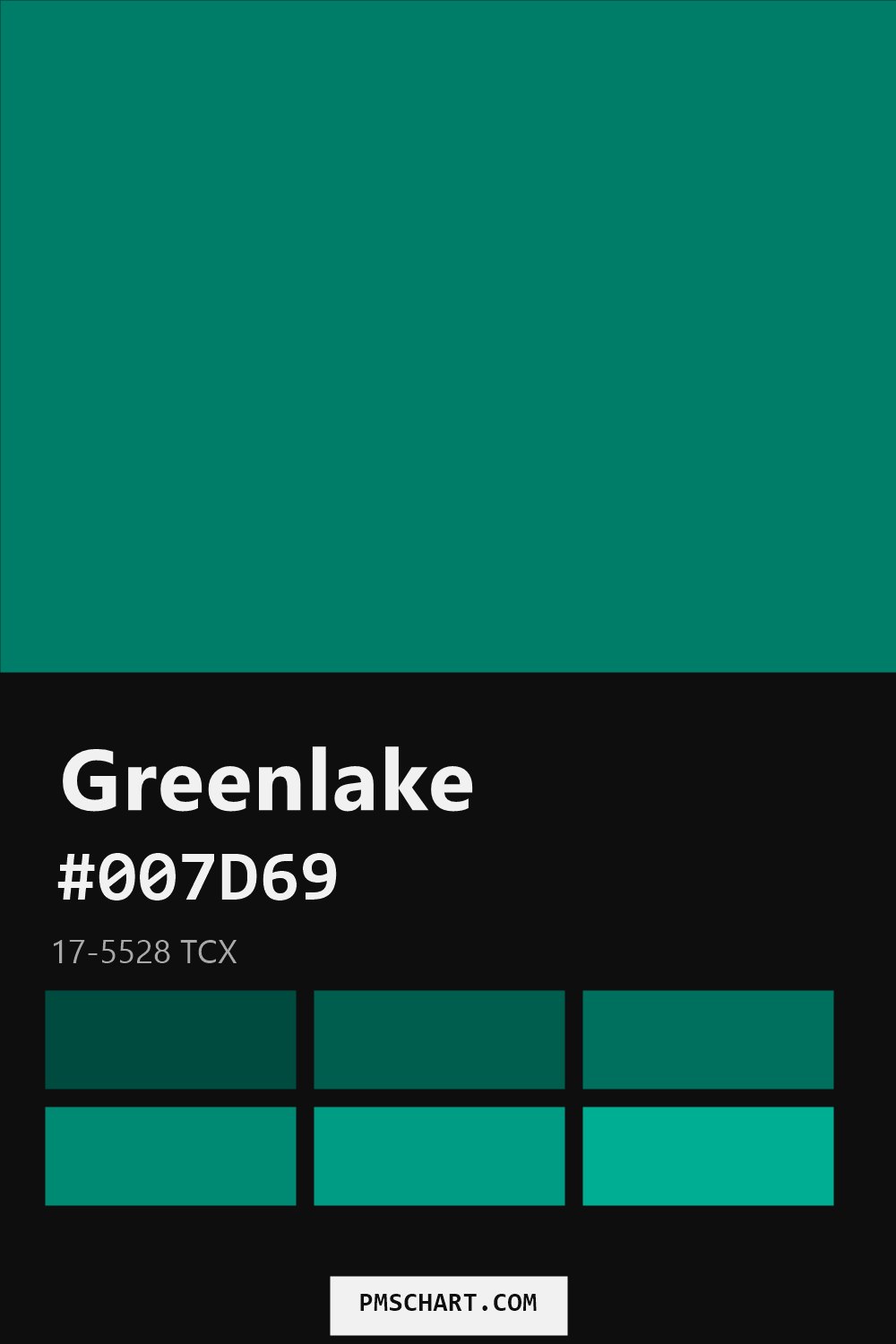 Pantone Greenlake 17-5528 TCX color reference card (HEX #007D69) with six nearest Pantone matches