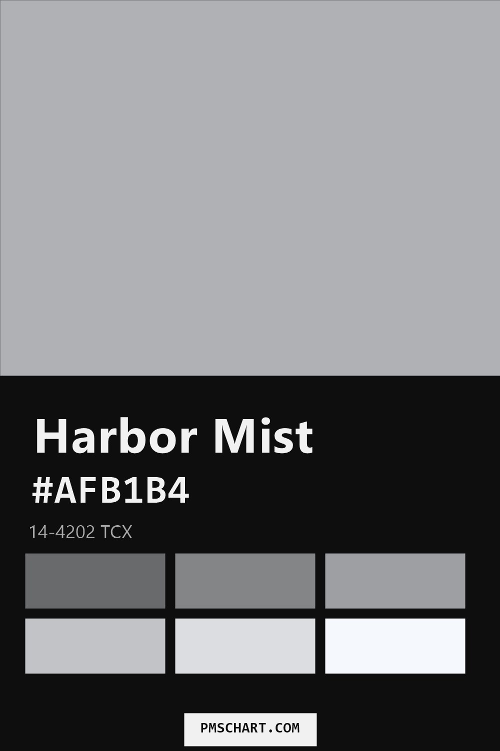 Pantone Harbor Mist 14-4202 TCX color reference card (HEX #AFB1B4) with six nearest Pantone matches