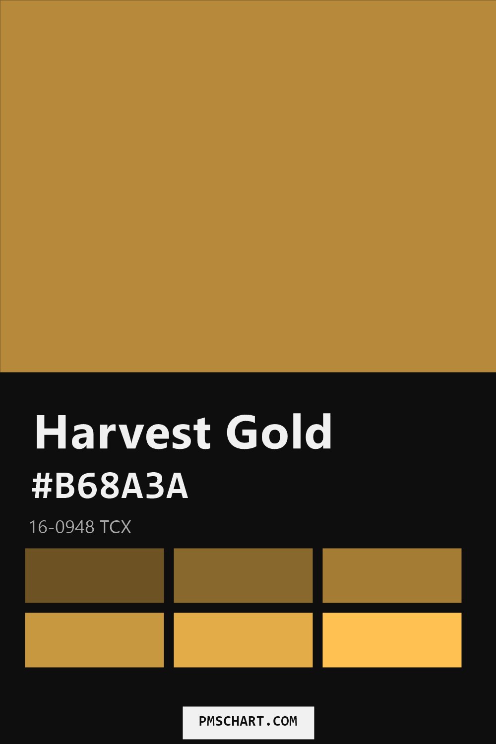 Pantone Harvest Gold 16-0948 TCX color reference card (HEX #B68A3A) with six nearest Pantone matches
