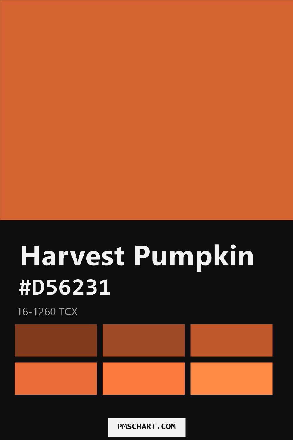 Pantone Harvest Pumpkin 16-1260 TCX color reference card (HEX #D56231) with six nearest Pantone matches