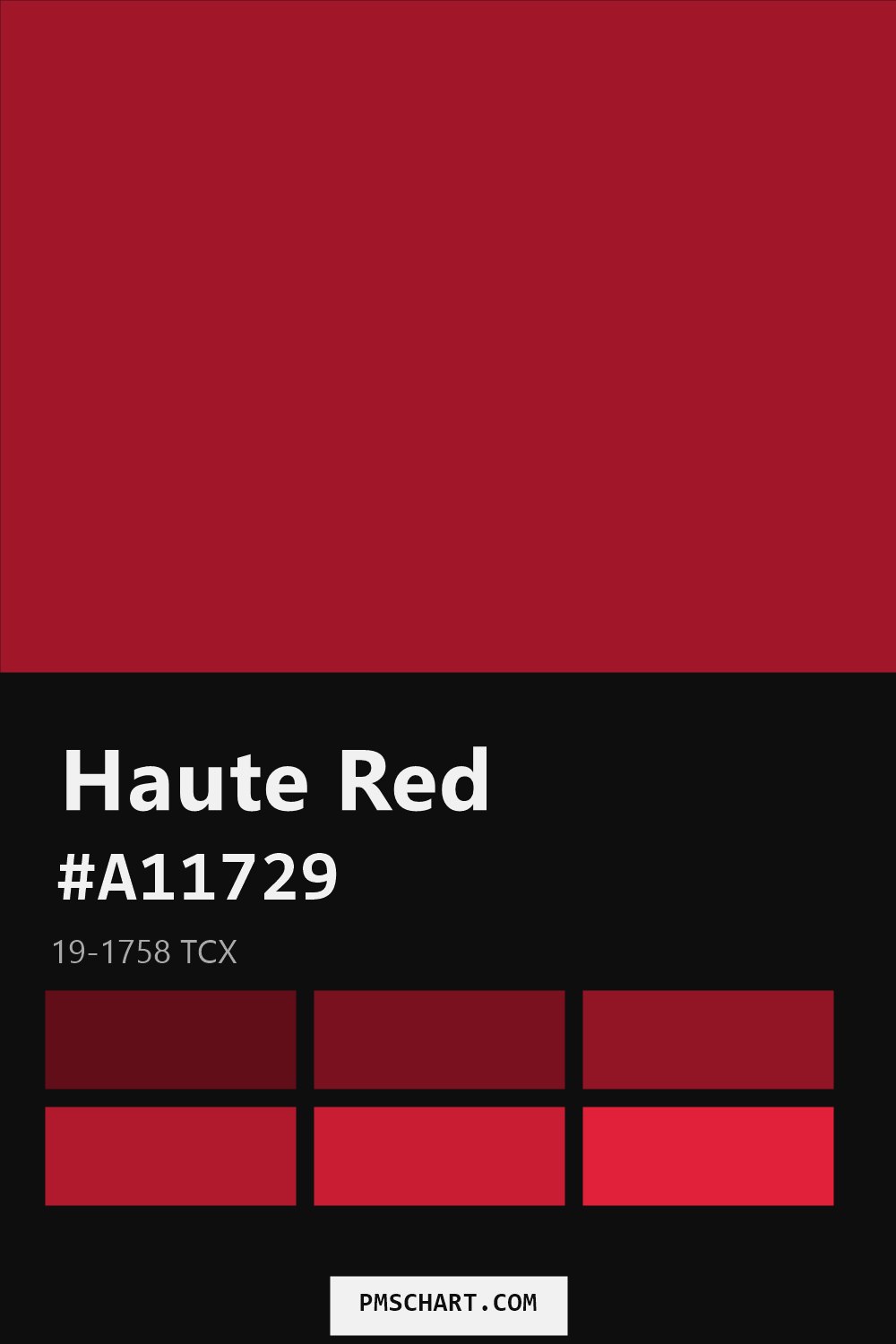 Pantone Haute Red 19-1758 TCX color reference card (HEX #A11729) with six nearest Pantone matches