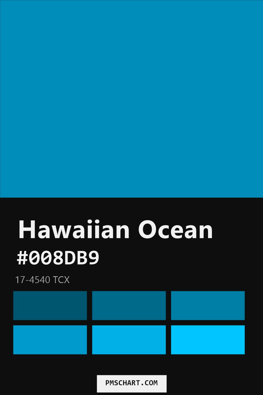Pantone Hawaiian Ocean 17-4540 TCX color reference card (HEX #008DB9) with six nearest Pantone matches