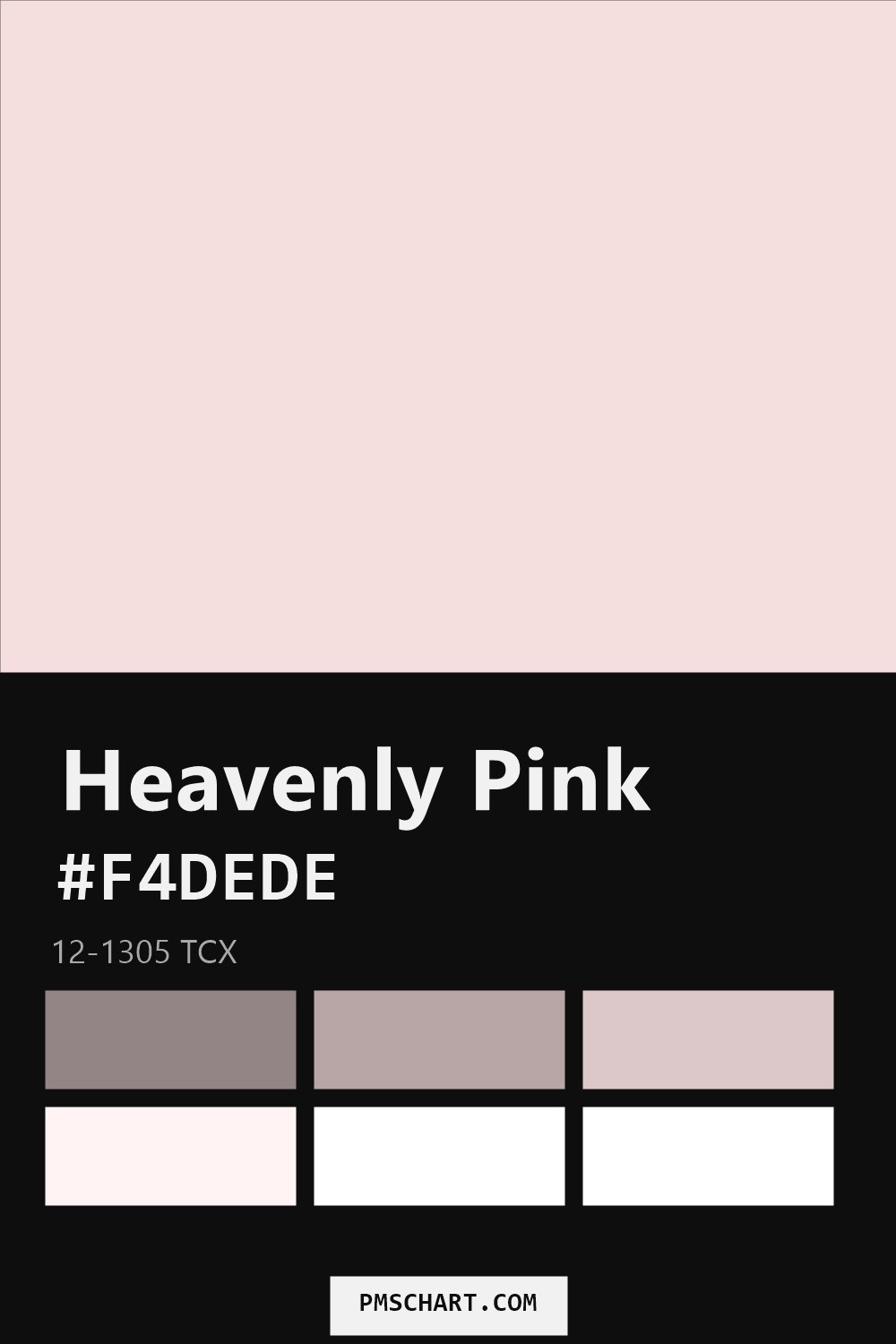 Pantone Heavenly Pink 12-1305 TCX color reference card (HEX #F4DEDE) with six nearest Pantone matches