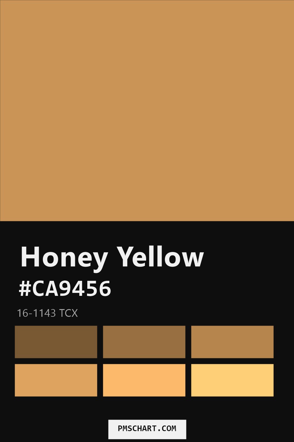 Pantone Honey Yellow 16-1143 TCX color reference card (HEX #CA9456) with six nearest Pantone matches