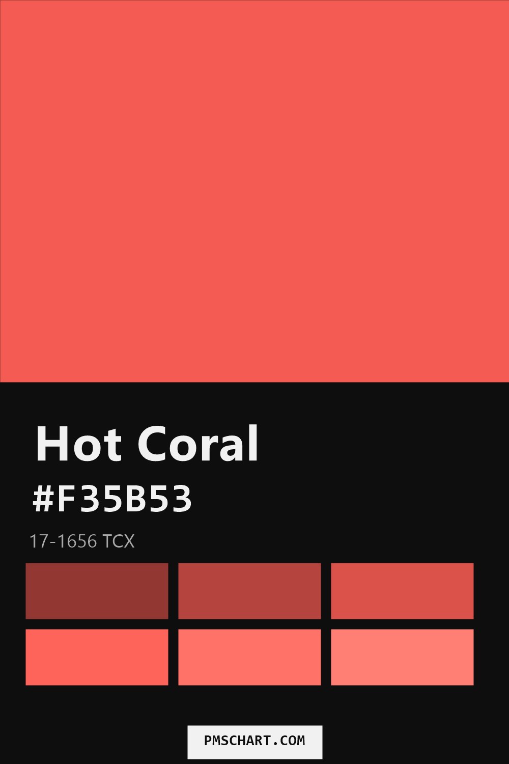 Pantone Hot Coral 17-1656 TCX color reference card (HEX #F35B53) with six nearest Pantone matches