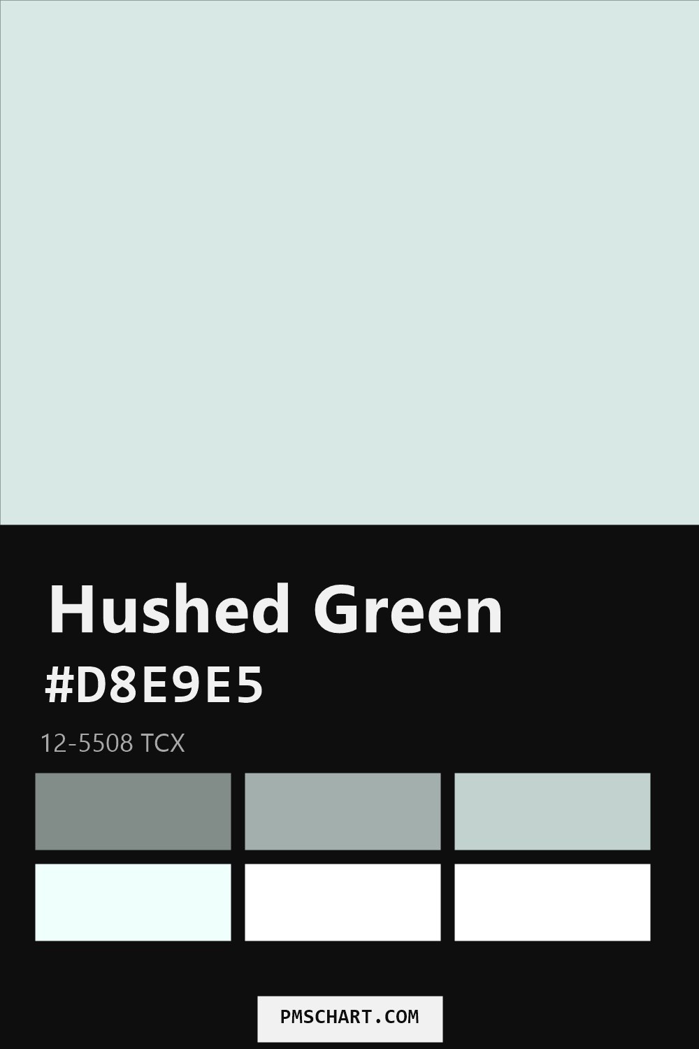 Pantone Hushed Green 12-5508 TCX color reference card (HEX #D8E9E5) with six nearest Pantone matches
