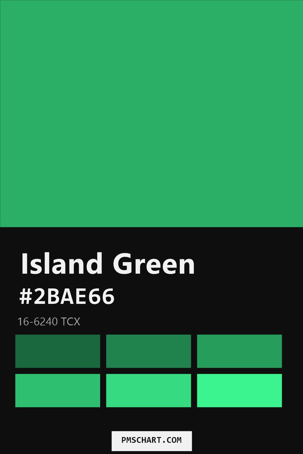 Pantone Island Green 16-6240 TCX color reference card (HEX #2BAE66) with six nearest Pantone matches