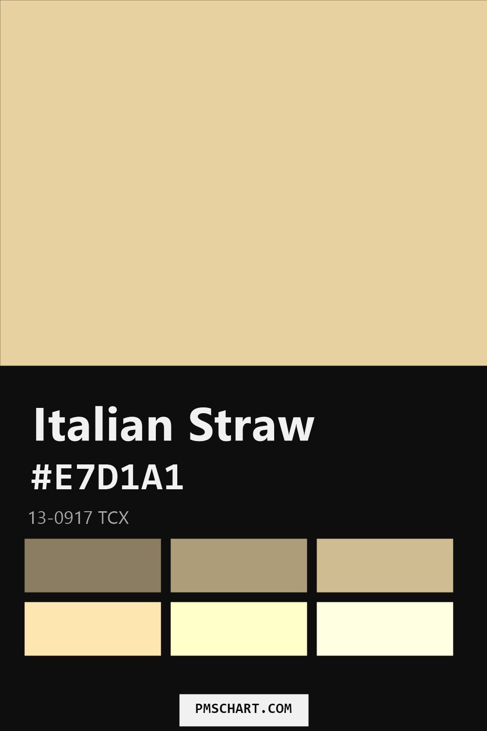 Pantone Italian Straw 13-0917 TCX color reference card (HEX #E7D1A1) with six nearest Pantone matches