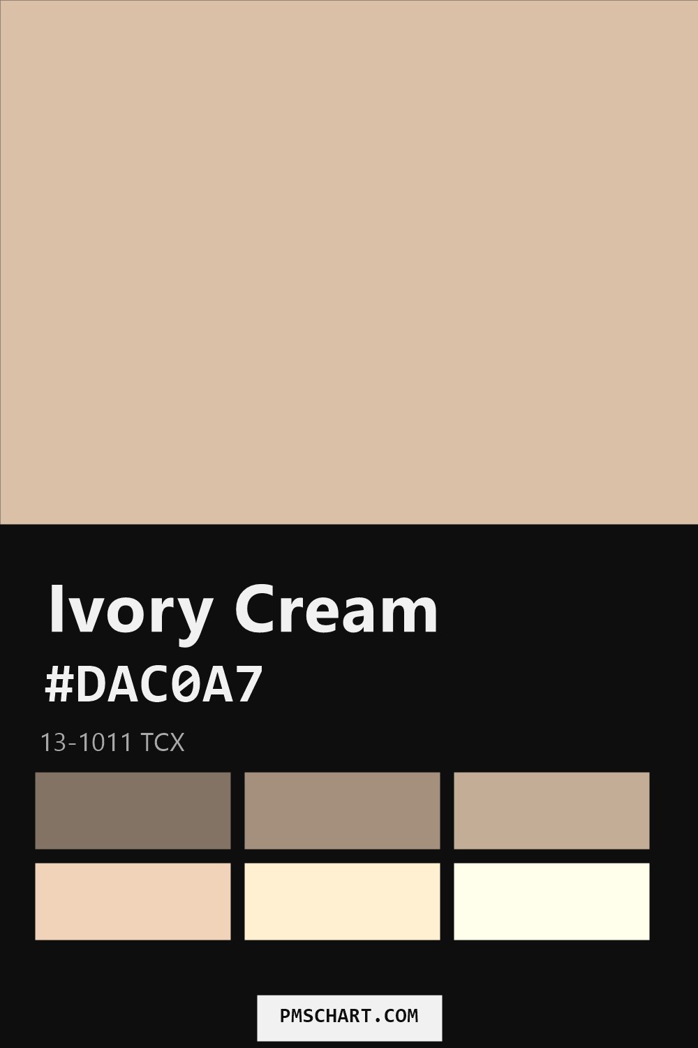 Pantone Ivory Cream 13-1011 TCX color reference card (HEX #DAC0A7) with six nearest Pantone matches
