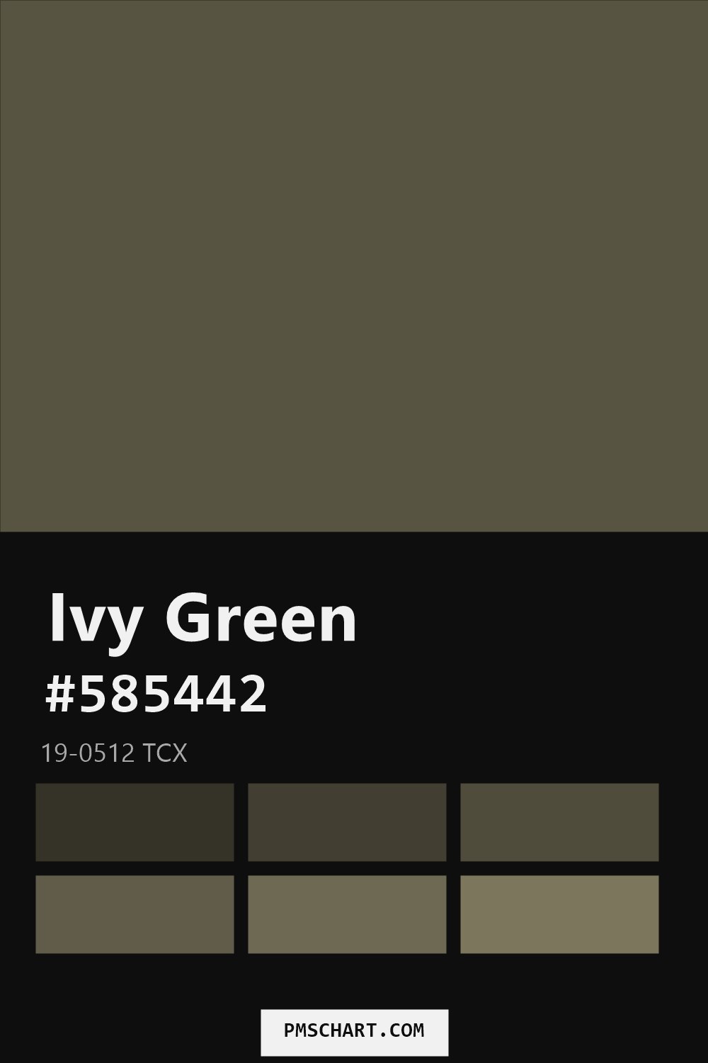 Pantone Ivy Green 19-0512 TCX color reference card (HEX #585442) with six nearest Pantone matches