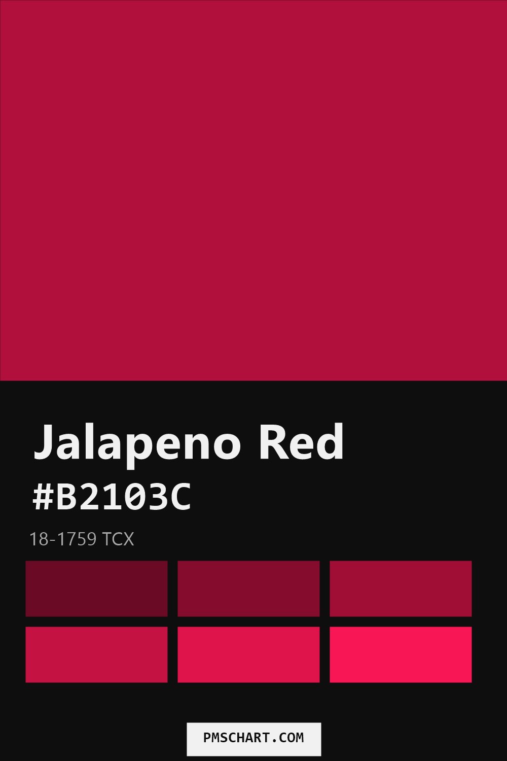 Pantone Jalapeno Red 18-1759 TCX color reference card (HEX #B2103C) with six nearest Pantone matches