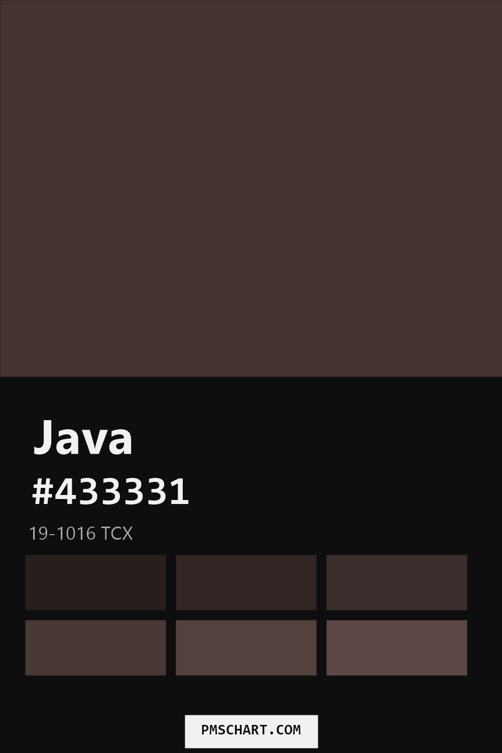 Pantone Java 19-1016 TCX color reference card (HEX #433331) with six nearest Pantone matches